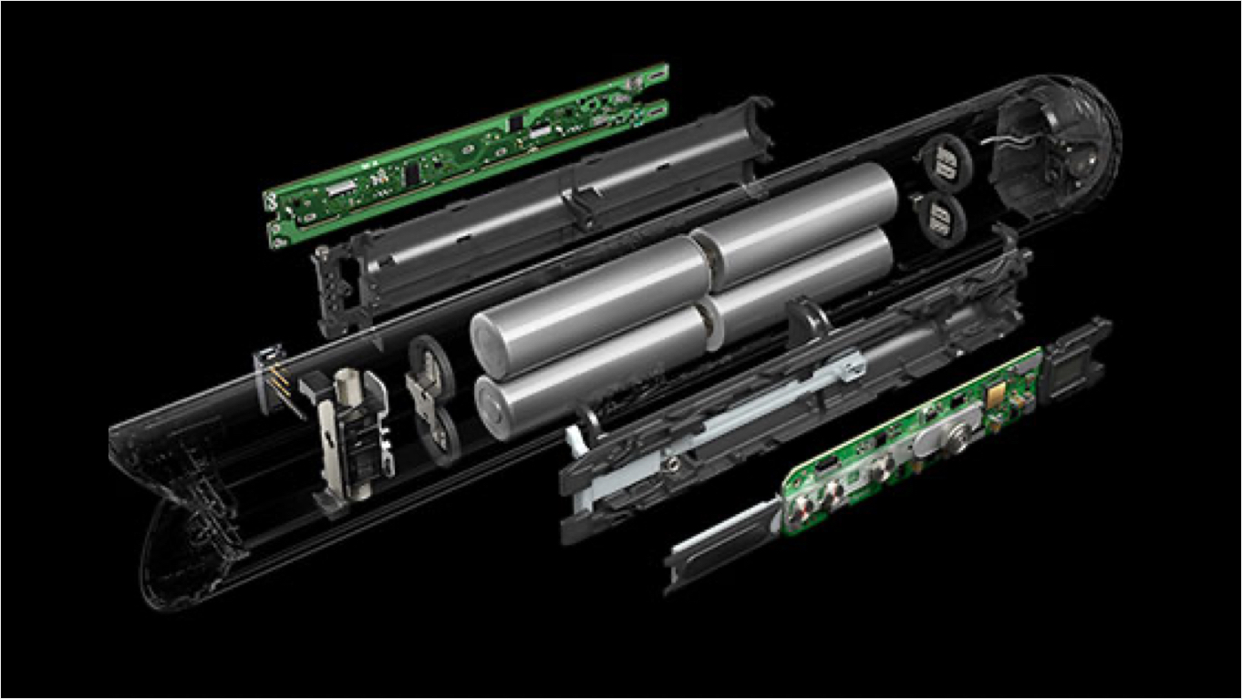 Exploded view shows a representation of different frequency ranges inside the headphones.